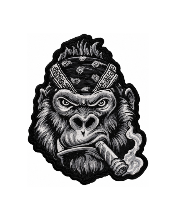 Biker gorilla embroidered patch with black bandana, cigar, smoke details and black gray white stitched artwork