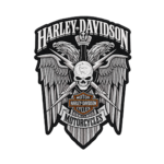 Harley-Davidson skull wings embroidered patch with gray skull, eagle wings, crossed blades and black biker design