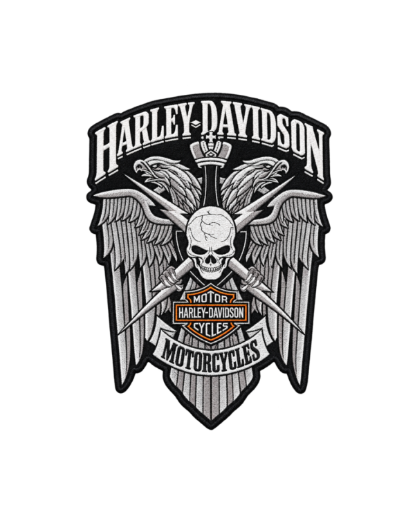 Harley-Davidson skull wings embroidered patch with gray skull, eagle wings, crossed blades and black biker design