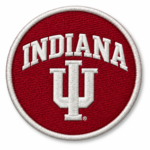 Indiana IU round embroidered patch with red background, white lettering, IU monogram and white stitched border