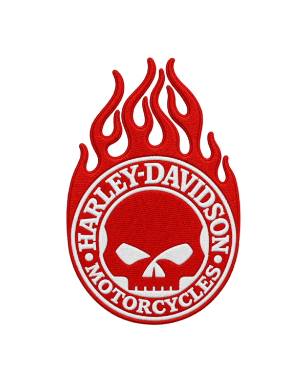 Harley-Davidson flame skull embroidered patch with red flames, white skull artwork and circular motorcycle lettering