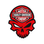 Harley-Davidson red skull embroidered patch with black outlines, white details and Motor Harley-Davidson Company shield lettering