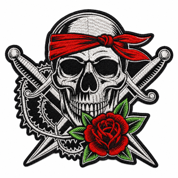 Biker Skull Bandana Rose Embroidered Patch