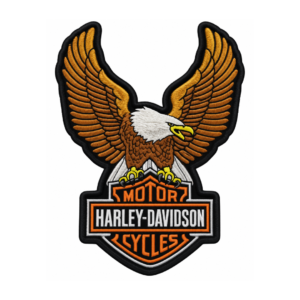 Harley-Davidson eagle embroidered patch with spread golden wings, white eagle head and black orange motorcycle shield design