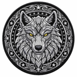 Wolf head embroidered patch with silver fur, yellow eyes, black background, stars and ornate circular stitched border
