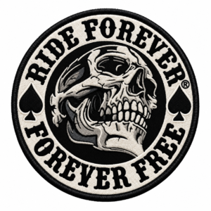 Ride Forever skull embroidered patch with black and cream skull artwork, spade symbols and Forever Free lettering
