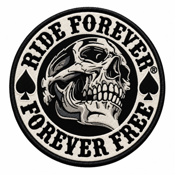 Ride Forever skull embroidered patch with black and cream skull artwork, spade symbols and Forever Free lettering