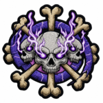 Triple skull embroidered patch with purple flames, crossed bones, cracked purple background and black stitched border