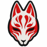 Kitsune mask embroidered patch with white fox face, red Japanese-style markings, black eyes and thick black stitched border