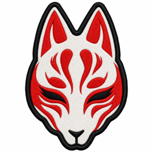 Kitsune mask embroidered patch with white fox face, red Japanese-style markings, black eyes and thick black stitched border