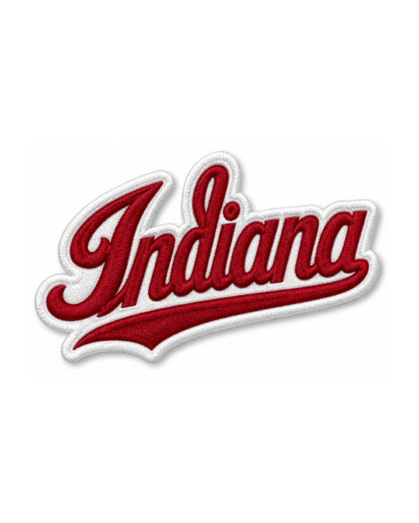 Indiana script embroidered patch with red cursive lettering, white background and clean stitched border