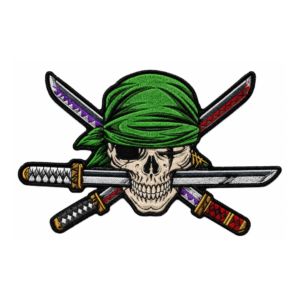 Samurai skull embroidered patch with green bandana, crossed katana swords, beige skull and black stitched border