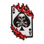 Black white ace of spades embroidered patch with skull, crossed bones, and red flames