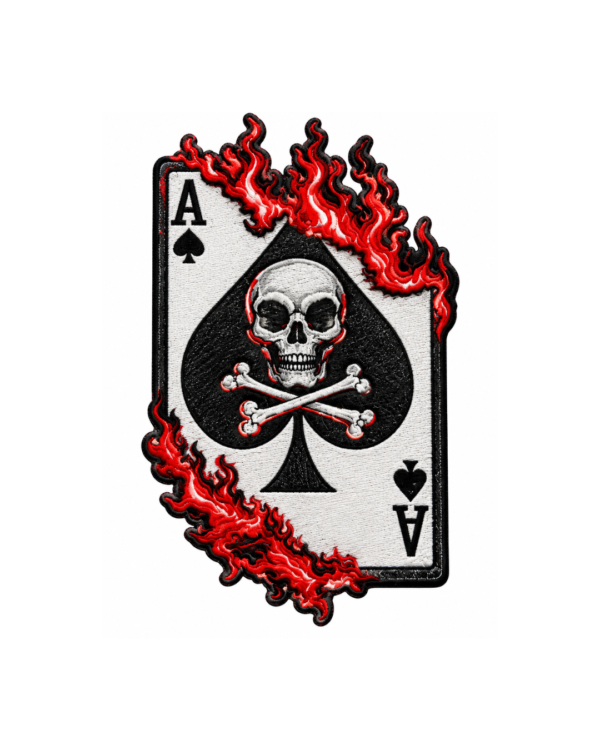 Black white ace of spades embroidered patch with skull, crossed bones, and red flames