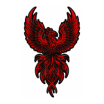 Red and black phoenix bird embroidered patch with detailed wings and gothic fire design
