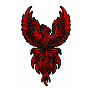 Red and black phoenix bird embroidered patch with detailed wings and gothic fire design