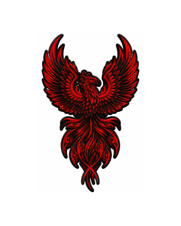 Red and black phoenix bird embroidered patch with detailed wings and gothic fire design
