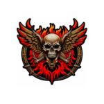 Winged skull embroidered patch with red flames, spread wings, crossed weapons, and gothic biker design