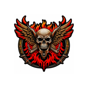 Winged skull embroidered patch with red flames, spread wings, crossed weapons, and gothic biker design