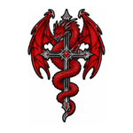 Red dragon wrapped around silver cross embroidered patch with gothic fantasy design
