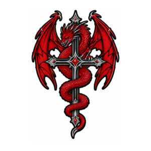 Red dragon wrapped around silver cross embroidered patch with gothic fantasy design