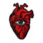 Red anatomical heart embroidered patch with realistic eye design and black gothic details