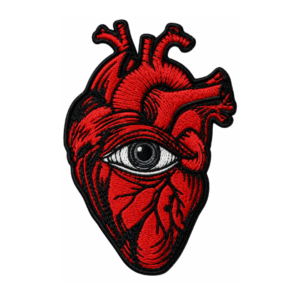 Red anatomical heart embroidered patch with realistic eye design and black gothic details