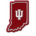 Indiana State IU embroidered patch with red background, white monogram and custom state-shaped stitched border