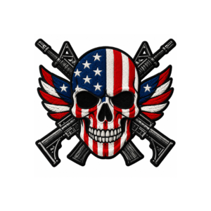 American flag skull embroidered patch with crossed rifles and wing design