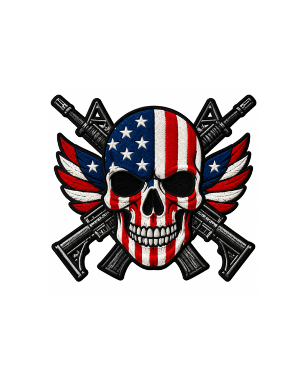 American flag skull embroidered patch with crossed rifles and wing design