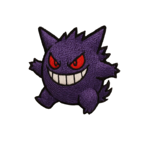 Purple cartoon monster embroidered patch with red eyes and white smile