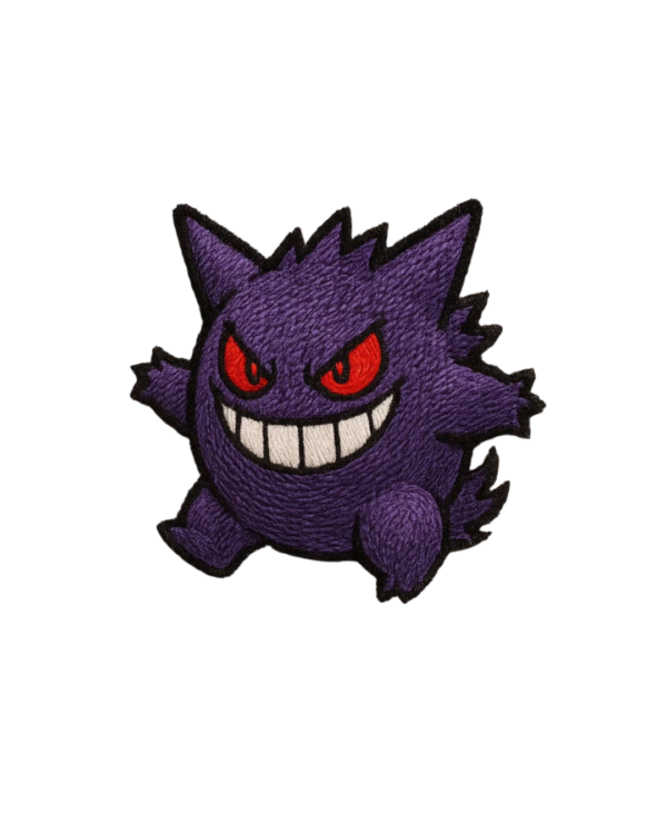 Purple cartoon monster embroidered patch with red eyes and white smile