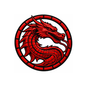 Red dragon embroidered patch with black circular border on white background
