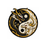 Black and white Yin Yang dragon embroidered patch with gold details on white background
