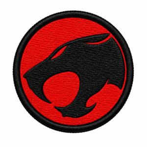 Black and red wolf head embroidered patch with circular border on white background
