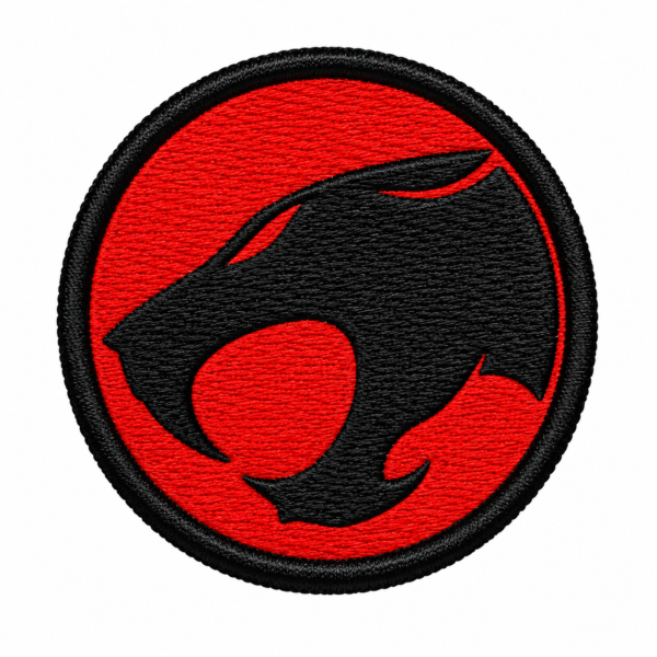 Black and red wolf head embroidered patch with circular border on white background