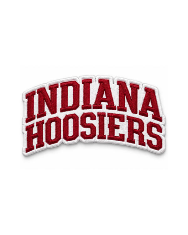Indiana Hoosiers embroidered patch with bold red lettering, white background and custom curved stitched border