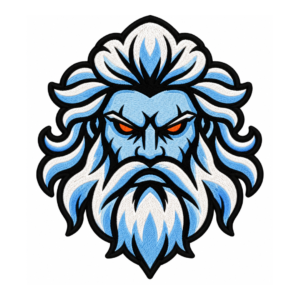 Ice King face embroidered patch with light blue skin, flowing white and blue hair, large layered beard, glowing orange eyes, black outlines, and satin embroidered border