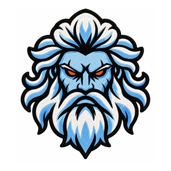 Ice King face embroidered patch with light blue skin, flowing white and blue hair, large layered beard, glowing orange eyes, black outlines, and satin embroidered border