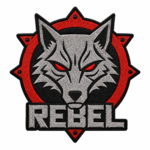 Rebel wolf embroidered patch with silver gray wolf head, glowing red eyes, bold REBEL lettering, red circular emblem, black background, and black satin embroidered border