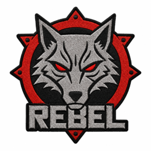 Rebel wolf embroidered patch with silver gray wolf head, glowing red eyes, bold REBEL lettering, red circular emblem, black background, and black satin embroidered border