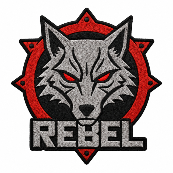 Rebel wolf embroidered patch with silver gray wolf head, glowing red eyes, bold REBEL lettering, red circular emblem, black background, and black satin embroidered border
