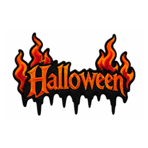 Halloween embroidered patch with bright orange gothic lettering, red and orange flames on both sides, black dripping background, and black satin embroidered border