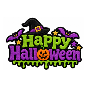 Happy Halloween embroidered patch with lime green and purple lettering, black witch hat, orange jack-o-lantern pumpkin, purple bats, gold stars, green dripping slime, and black satin border