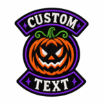 Custom Halloween embroidered patch with orange jack-o-lantern pumpkin, green curled stem, black background, purple borders, white custom text panels, and black satin edge