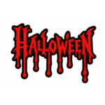 Halloween embroidered patch with bold red gothic lettering, long dripping text details, thick black outline, and cut-to-shape black satin embroidered border