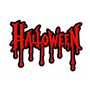 Halloween embroidered patch with bold red gothic lettering, long dripping text details, thick black outline, and cut-to-shape black satin embroidered border