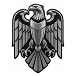 Silver eagle embroidered patch with spread wings, layered gray and white feathers, sharp talons, symmetrical heraldic shape, black details, and black satin border