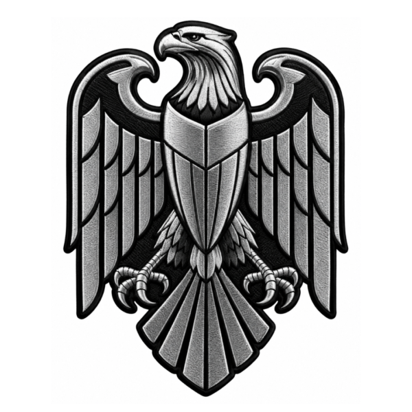 Silver eagle embroidered patch with spread wings, layered gray and white feathers, sharp talons, symmetrical heraldic shape, black details, and black satin border