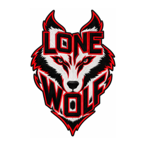 Lone Wolf embroidered patch with white and black wolf head, sharp gray eyes, bold black lettering, bright red outlines, pointed ears, and black satin border